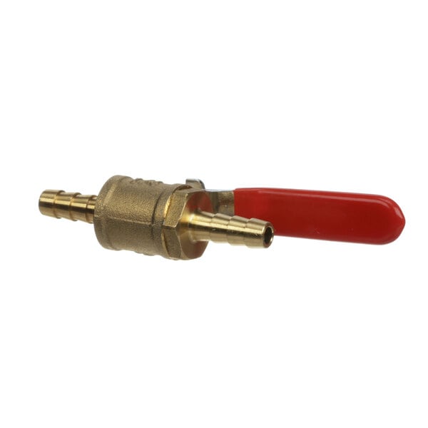 A close-up of a brass Lancer MTLB-4 ball valve with a red handle.