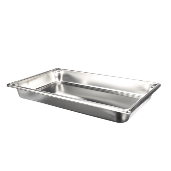 A Vollrath stainless steel steam table pan with a lid on a silver tray.