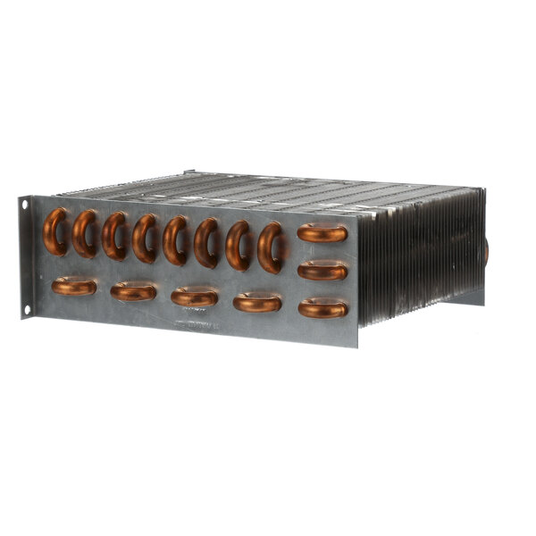 A Beverage-Air condenser coil in a metal box with copper coils.