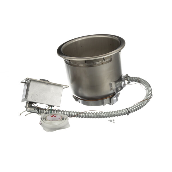 A stainless steel Wells soup warmer with a hose and a cable.