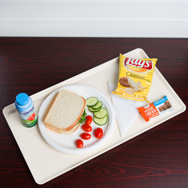 A plate of food and a drink on a Cambro dietary tray.