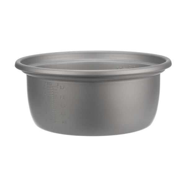 A gray metal Panasonic microwave pot with a lid.