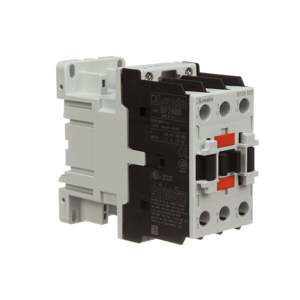 A close-up of a white and black Doyon Baking Equipment contactor with red and black buttons.