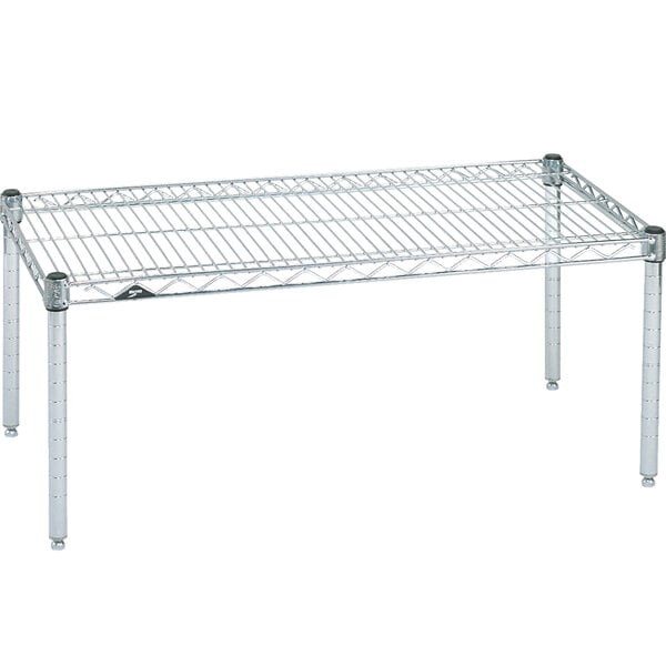 A close-up of a Metro Super Erecta chrome wire dunnage shelf with metal legs.