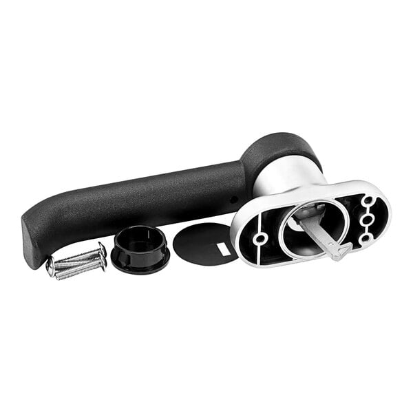 A black and silver Convotherm door handle with a screw and screwdriver.