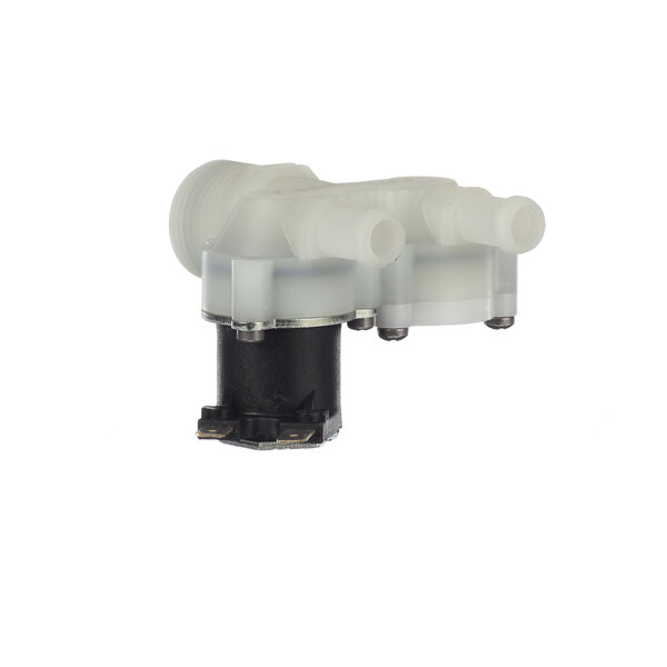 A white BKI solenoid valve with a black plastic handle.