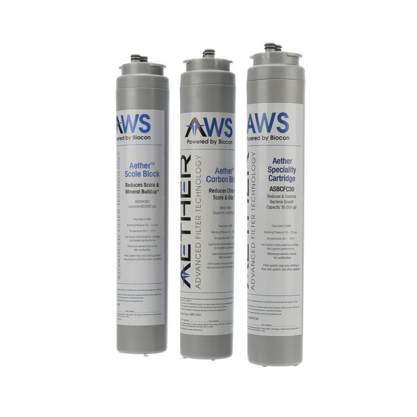 Three white Lancer AWS water filters with white labels.