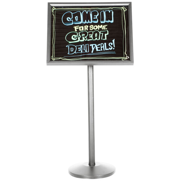 A black Aarco marker board on a chrome pedestal with the words "gellie's" in neon colors.