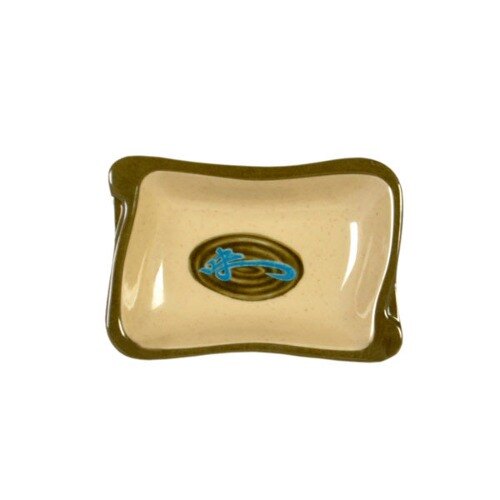 A white Thunder Group melamine sauce dish with a blue and brown swirly design.