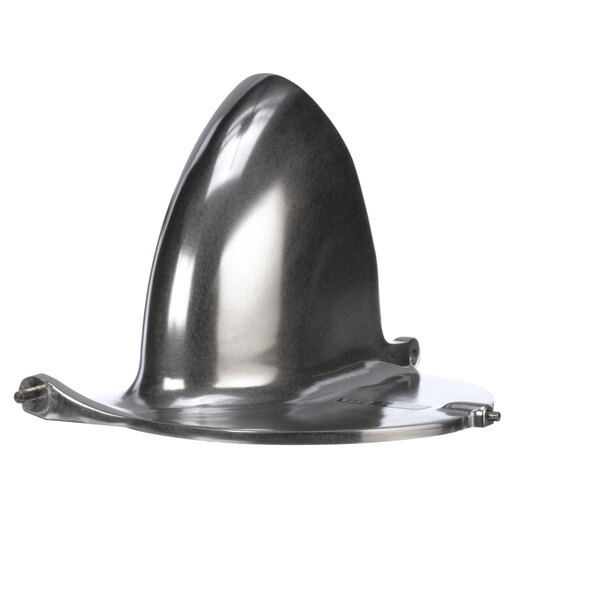 A silver metal cone-shaped hopper with a metal shark fin.
