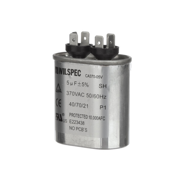 A silver round metal Aaon P00340 capacitor with black text.