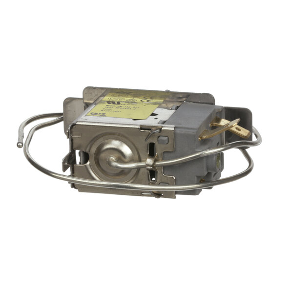 A Whirlpool Corporation W10511937 thermostat, a small metal device with wires attached.