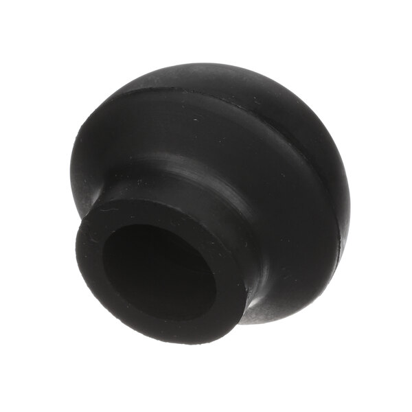 A close-up of a black rubber Hobart drain stopper.