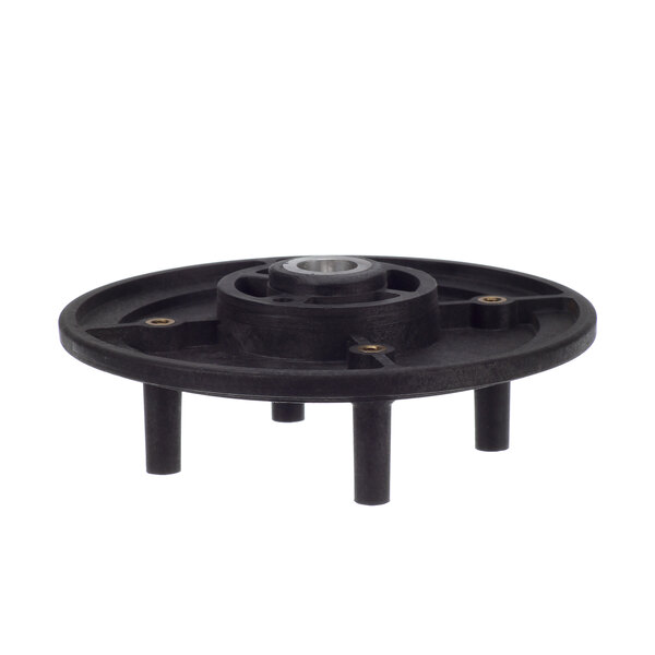 A black plastic wheel with a hole.