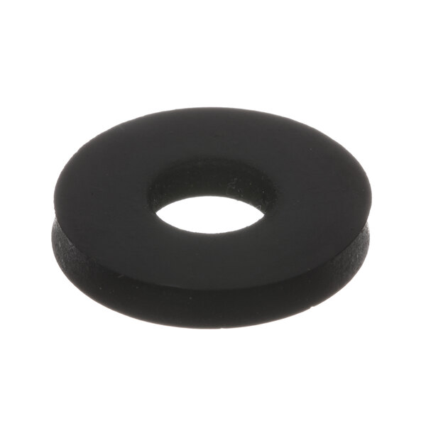 A close-up of a black rubber washer with a hole in the middle.