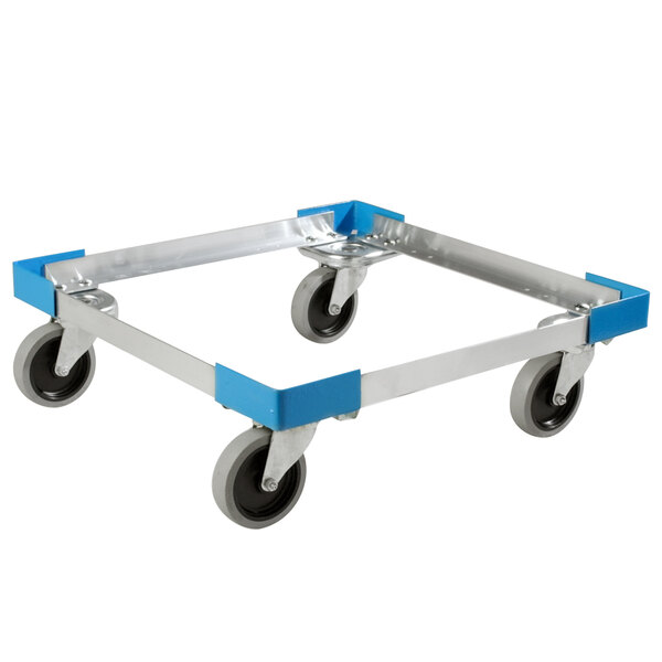 A Carlisle aluminum glass rack dolly with blue wheels on a metal frame.