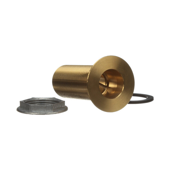 A close-up of a brass threaded pipe with a nut and washer on a white background.