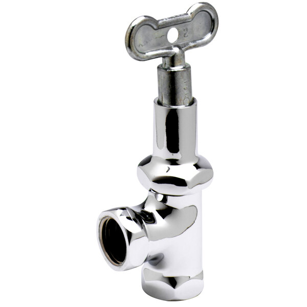 A close-up of a chrome-plated T&S angle loose key stop valve with a handle.