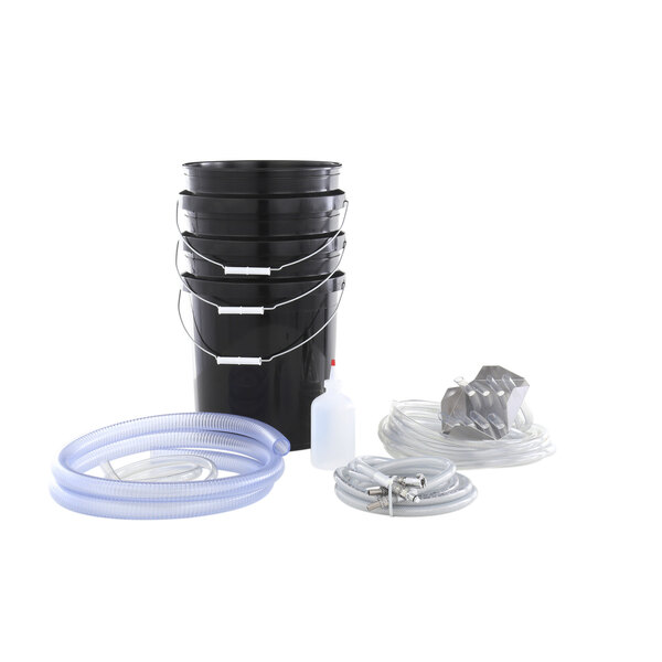 A stack of black Multiplex cleaning buckets with clear and plastic tubes inside.