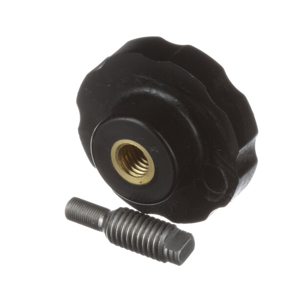 A black round fluted knob with a bolt and nut.