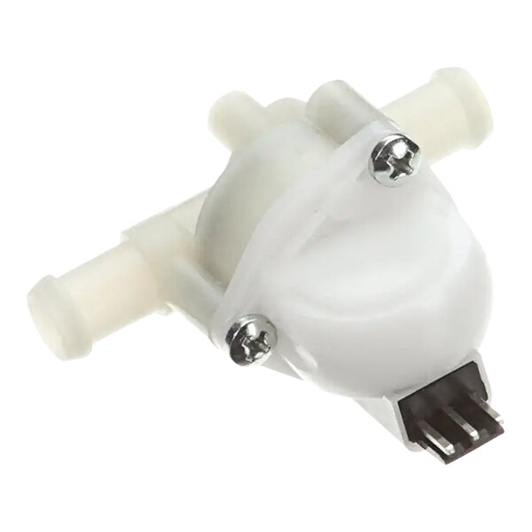 A white plastic pump with a black and silver connector.