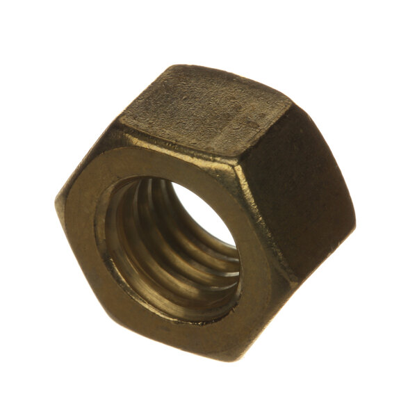 A close-up of a Hobart brass hex nut.