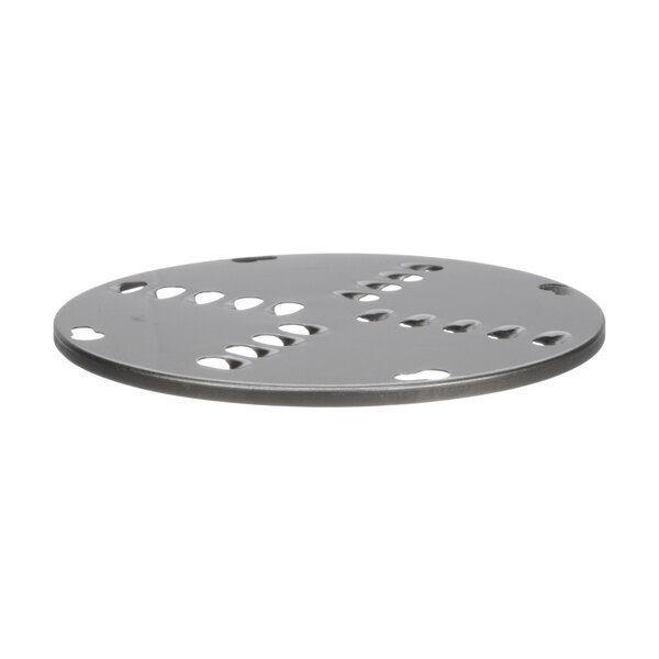 A circular metal Skyfood shredding blade with holes.