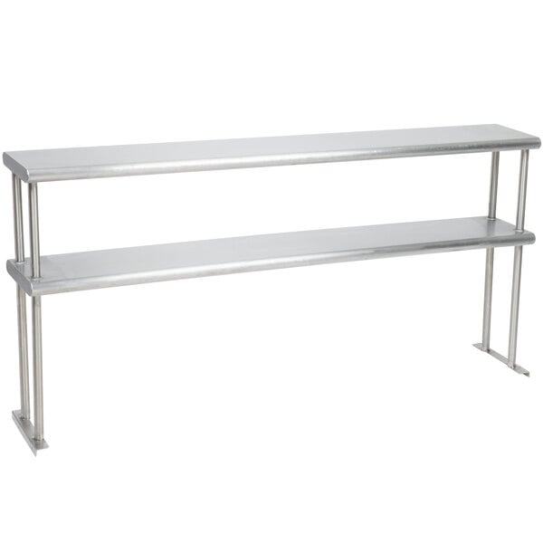 A stainless steel Eagle Group double overshelf with legs and two shelves.