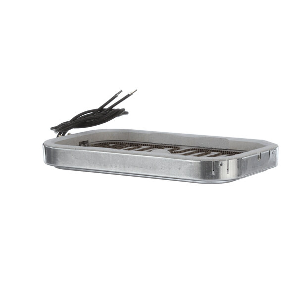 A metal tray with a black wire attached to it.