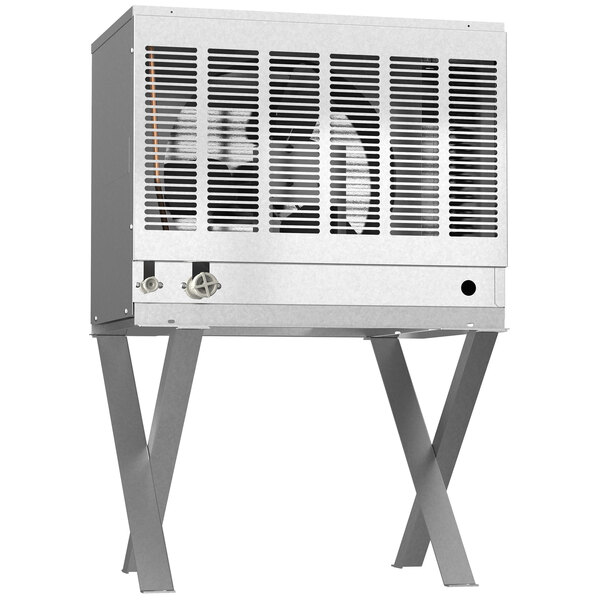 A Hoshizaki air cooled remote ice machine condenser with a fan on a metal box vent.