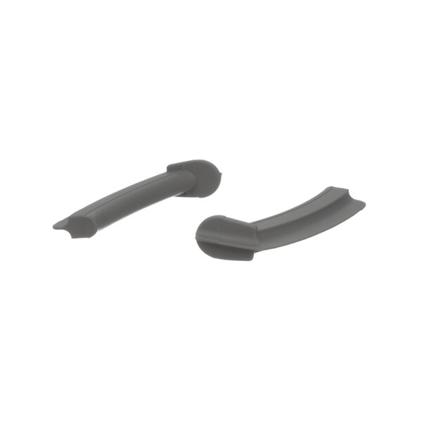 A pair of gray plastic handles on a white background.