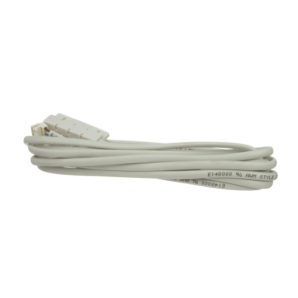 A close-up of a white cable with a white connector on the end.