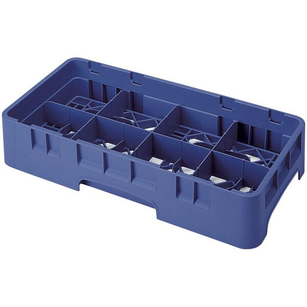 A navy blue plastic Cambro glass rack with six compartments and extenders.