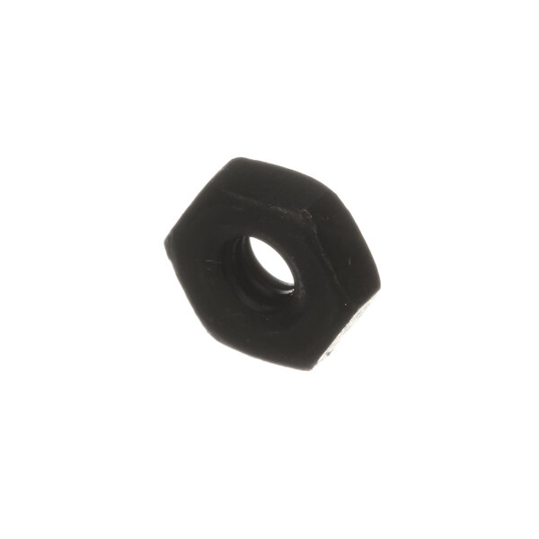 A close-up of a black Hobart steel nut with a hole in the center.