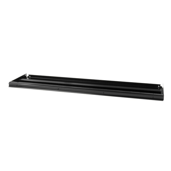 A black rectangular shelf with two shelves on it.