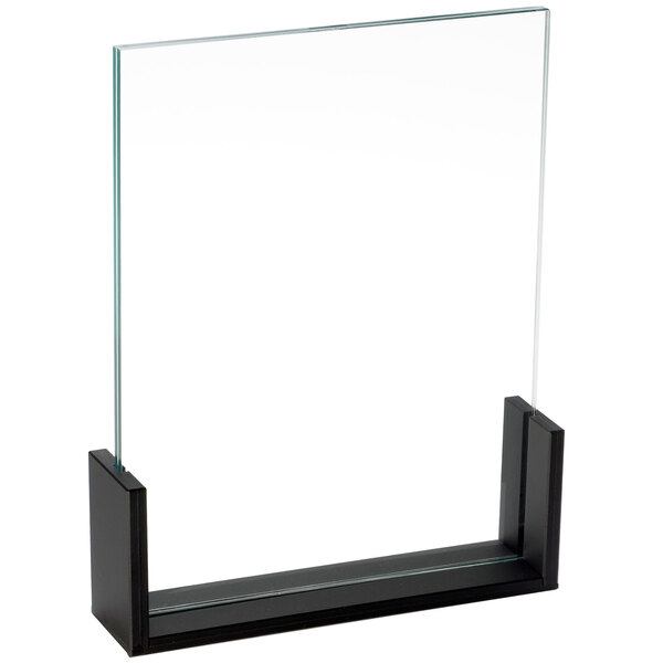 A glass U-frame with a black frame holding a white rectangular displayette with a black border.