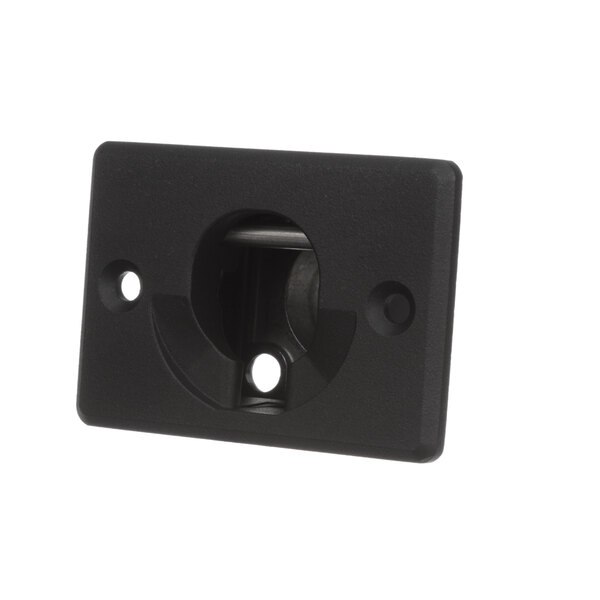 A black rectangular plastic door latch plate with a hole in it.