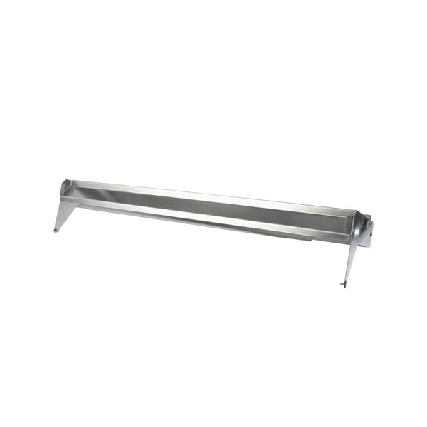 A stainless steel rectangular shelf with metal legs.