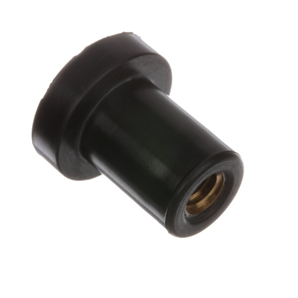 A black plastic Hobart vibration mount nut with a gold center