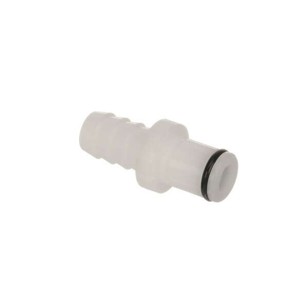 A white plastic pipe with a black rubber ring.