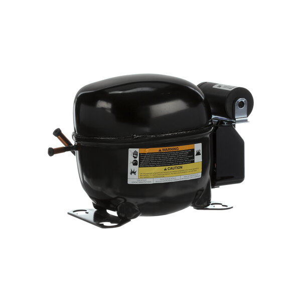 A black Glastender air compressor with a yellow label.