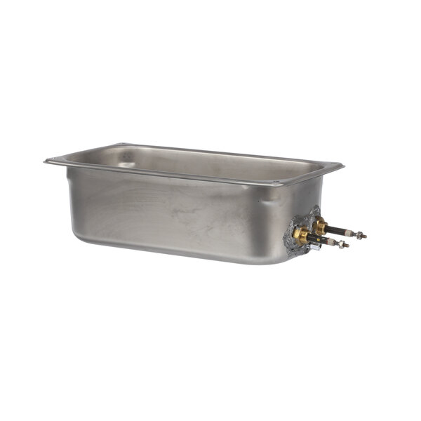 A stainless steel metal drain pan with wires.