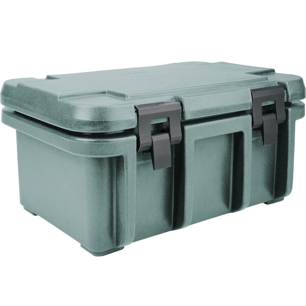 A slate blue plastic box with two handles and a top-loading lid.