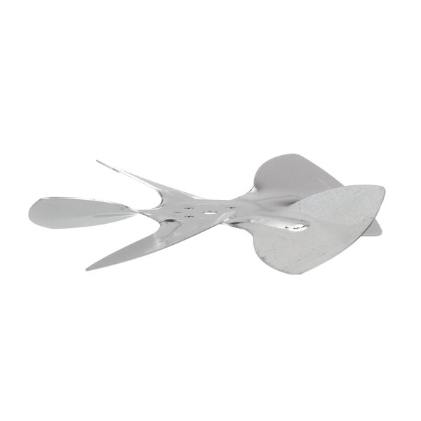 A silver metal Kelvinator evaporator fan blade with two points on each end.