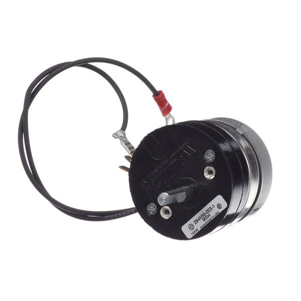 A black round Hobart timer with a black and red cord.