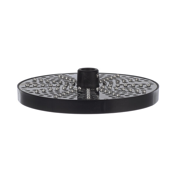 A black circular Hobart grater plate with silver metal studs.