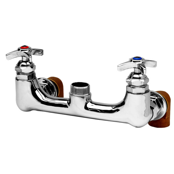 A chrome T&S wall mounted faucet base with two handles.