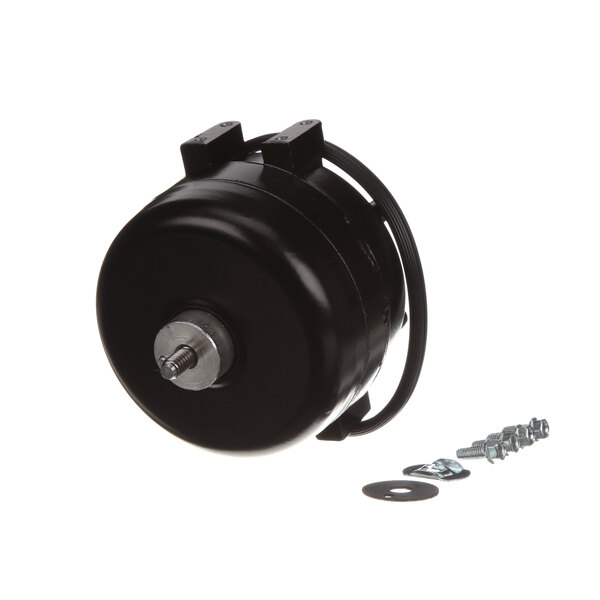 A black round Hussmann Evap Fan Motor with metal screws.
