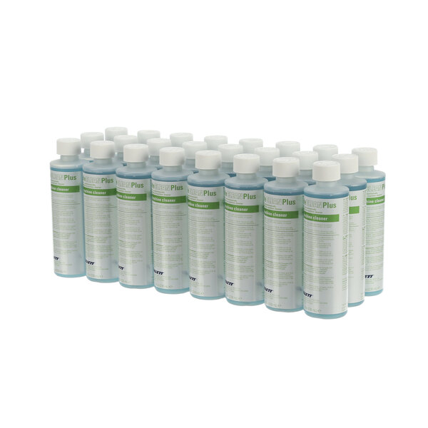 A row of 24 white Follett Corporation cleaner liquid bottles with labels.