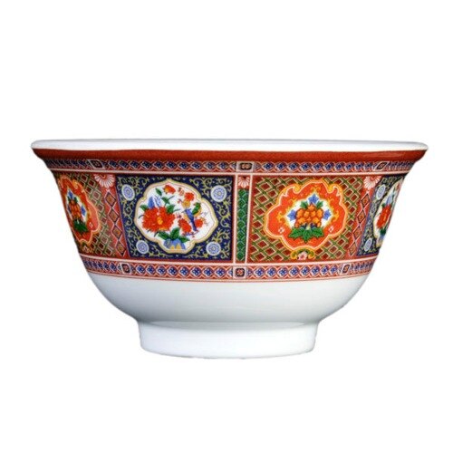 A close-up of a Thunder Group Peacock melamine rice bowl with colorful designs.